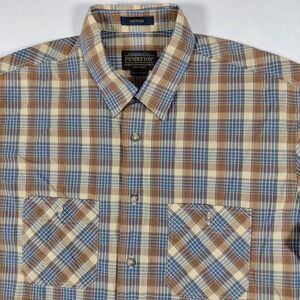 Pendleton Santiam Mens Large‎ Brown Blue Plaid Short Sleeve Button Up Shirt